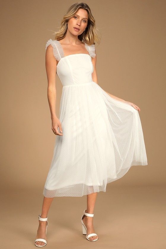 Divine Invitation White Swiss Dot Ruffled Midi Dress - White Dress | Lulus (US)