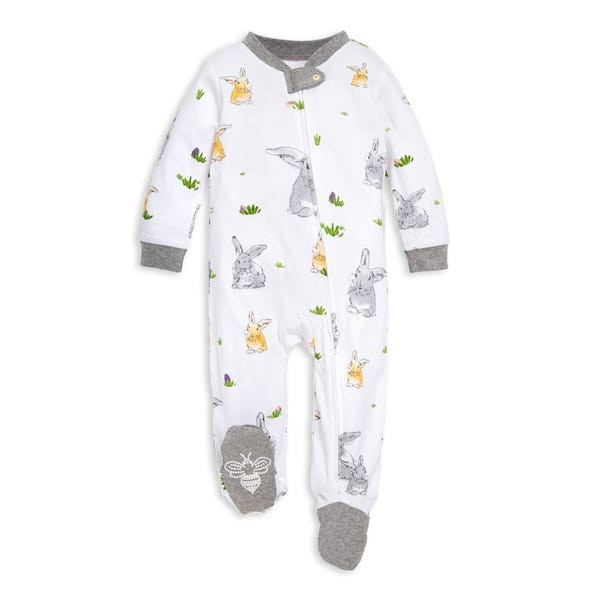 Baby Bunny Trail Watercolor Organic Cotton Zip Front Loose Fit Footed Pajamas | Burts Bees Baby