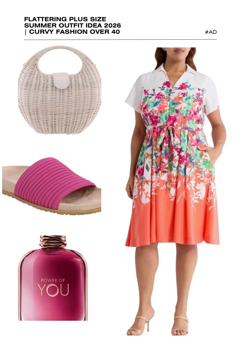 Looking for a bright and flattering plus size summer outfit for 2026? This vibrant floral shirt dress is a top-rated choice for curvy fashion over 40. Featuring a classic collared neckline, short sleeves, and an adjustable tie-waist, this knee-length dress offers a sophisticated yet comfortable silhouette that’s perfect for a summer garden party or brunch.
We’ve styled this colorful botanical dress with a unique white crescent wicker bag and comfortable magenta ribbed slide sandals to highlight the pink tones in the print. The look is completed with the empowering scent of Power of You fragrance. Discover how to style plus size shirt dresses for an effortlessly chic summer look. #PlusSizeFashion #FloralShirtDress #SummerOutfits2026 #CurvyStyle #Over40Fashion #SummerBrunchOutfit #GardenPartyStyle