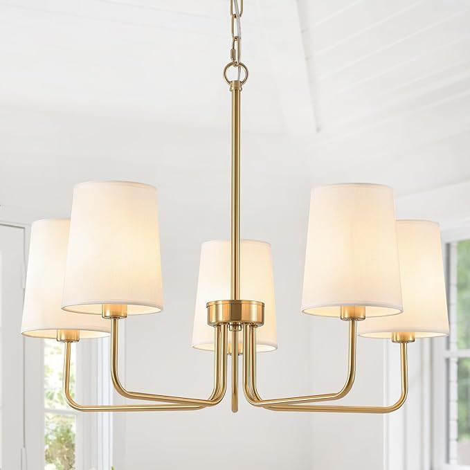 AMZASA Antique Brass Gold Chandelier with Shades, Electroplated Finish, 5 Light Modern Farmhouse ... | Amazon (US)