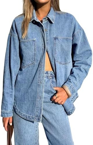 EMMIOL Women Denim Shirts Oversized Long Sleeve Button Down Blouse Distresse Jean Jacket Fall Out... | Amazon (US)