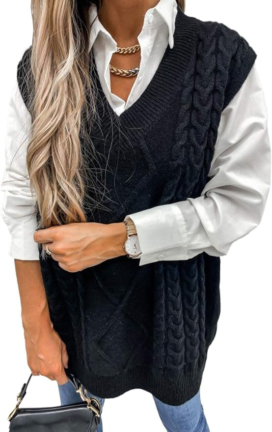 HOTAPEI Sweater Vest Women Oversized V Neck Sleeveless Sweaters Womens Cable Knit Tops | Amazon (US)