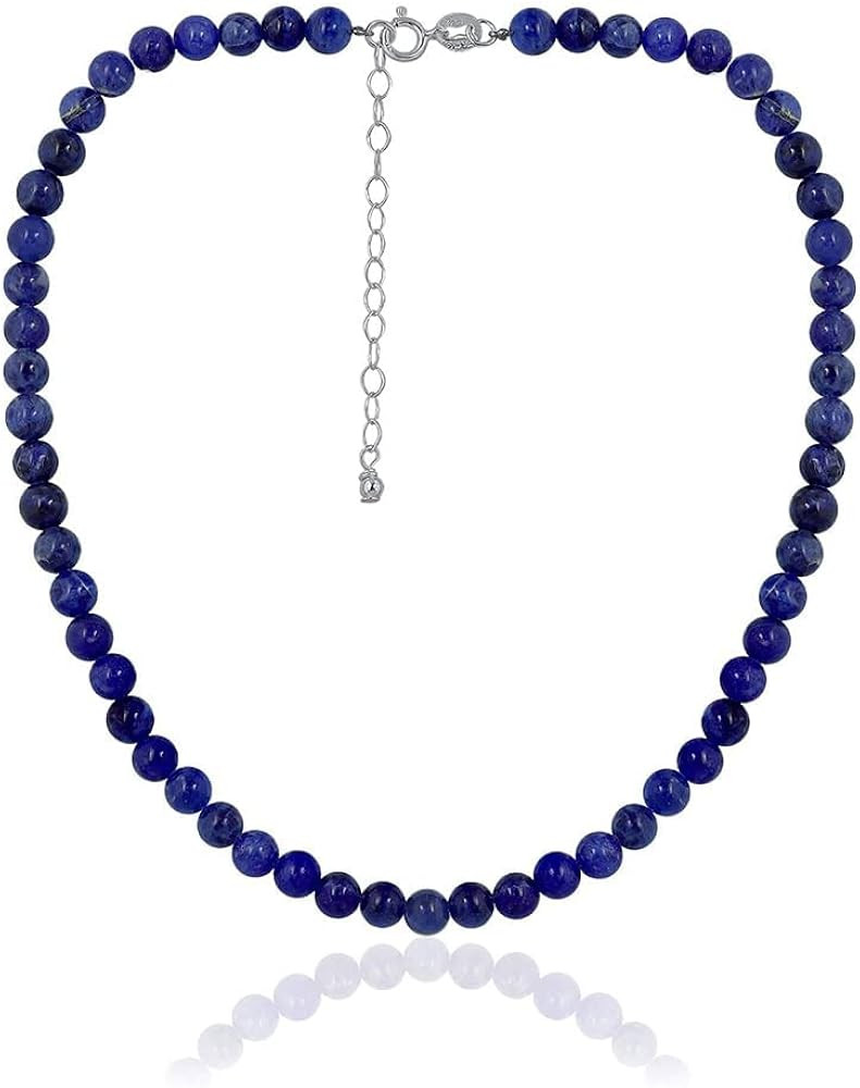 SEA OF ICE Precious Gemstone 6mm Round Beads Necklace 14" Plus 2" Extender with Sterling Silver S... | Amazon (US)