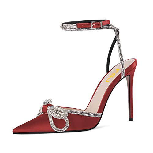 FSJ Women's Pointy Toe Stiletto High Heels Sandals Rhinestones Bowknot Ankle Strap Buckle Heeled Pumps Satin Lace Up Dress Party Shoes Size 9.5 Red | Amazon (US)