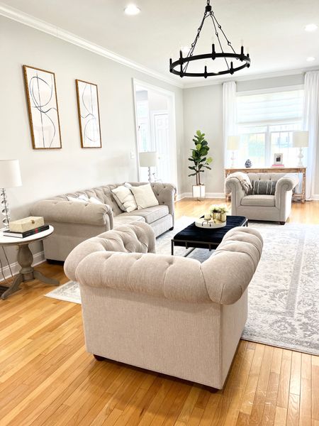 Living room, round Chan walker, pottery barn chesterfield, couches, ottoman coffee table 

#LTKhome