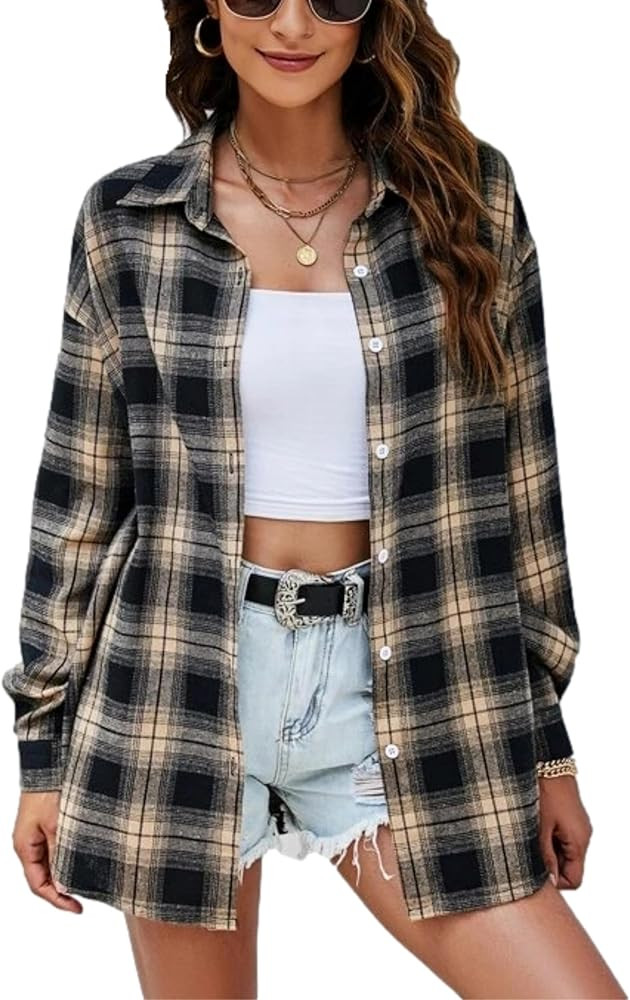 HangNiFang Flannel Plaid Shirts for Women Oversized Button Down Shirts Blouse | Amazon (US)