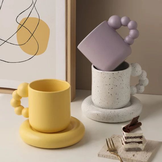 1 Pcs Ceramic Beat-handle Mug with Plate Japanese style Vantage industrial style Crude pottery Dr... | Etsy (US)