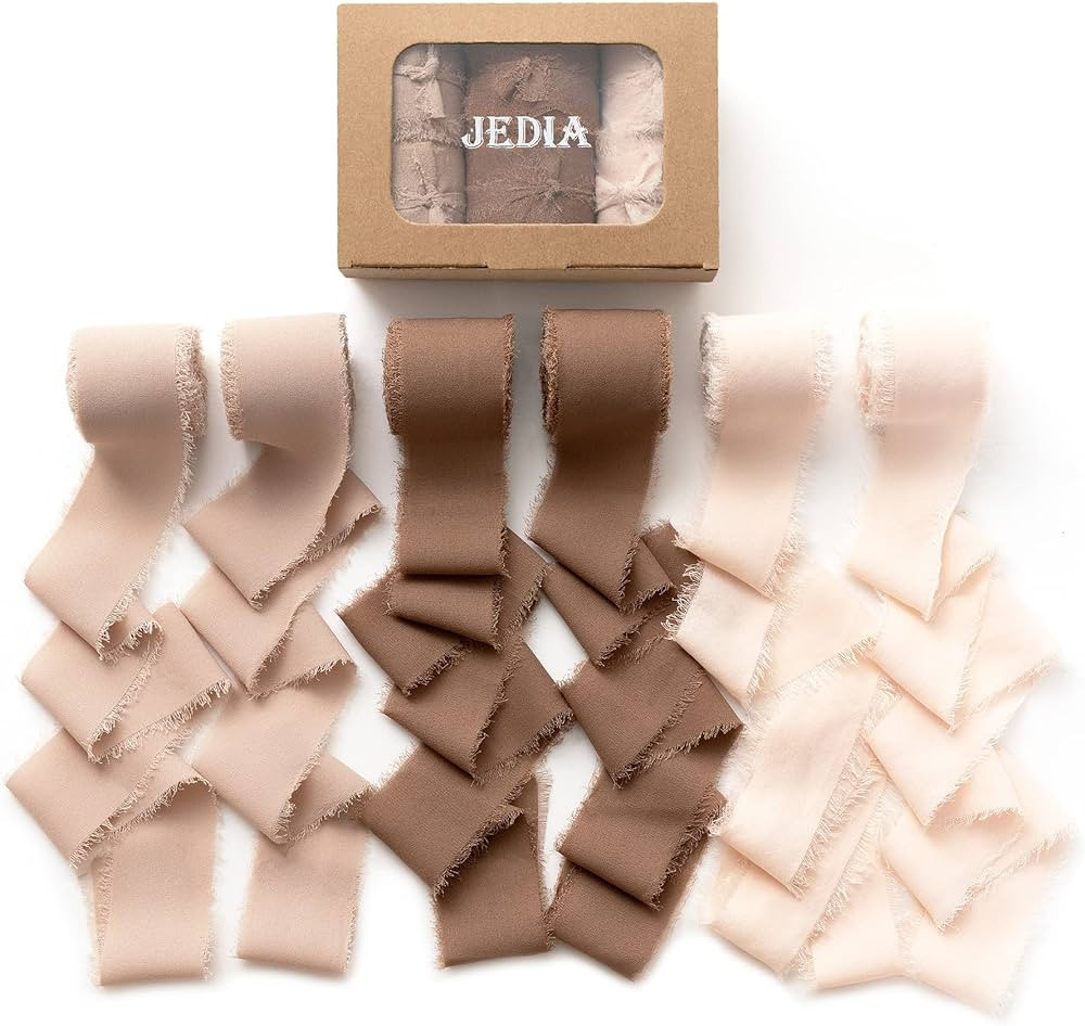 JEDIA Chiffon Ribbon, 6 Rolls Brown Handmade Fringe Chiffon Silk Ribbons, 1.5" x 7Yd Ribbon Set f... | Amazon (US)