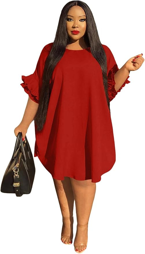 Ekaliy Women's Casual Vintage Ruffle Sleeve Loose Party Midi Plus Size Dress Casual Summer | Amazon (US)