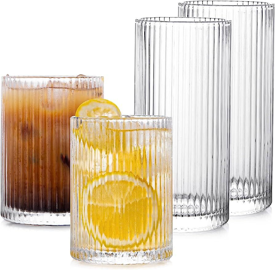 Drinking Glasses with Origami Style Set of 4pcs Glass Cups,2 Highball Glasses & 2 Rocks Glasses,E... | Amazon (US)