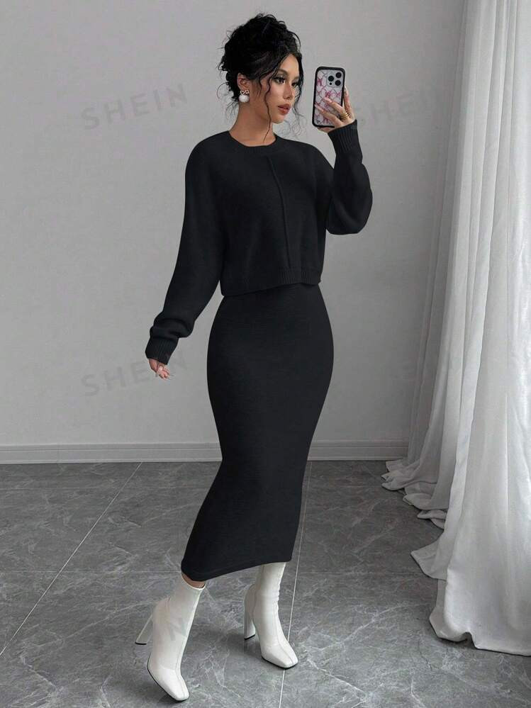 SHEIN Elenzya 2pcs 2024 New Women Round Neck Long Sleeve Sweater Top And Fitted Knee Length Skirt... | SHEIN