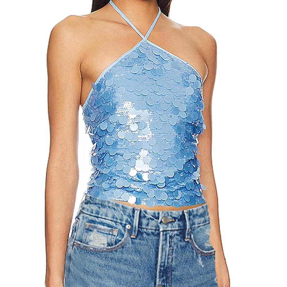 Sparkle Sequin Halter Crop Top for Women Y2K Coquette Glitter Backless Tie Up Cami Tank Top Rave ... | Amazon (US)