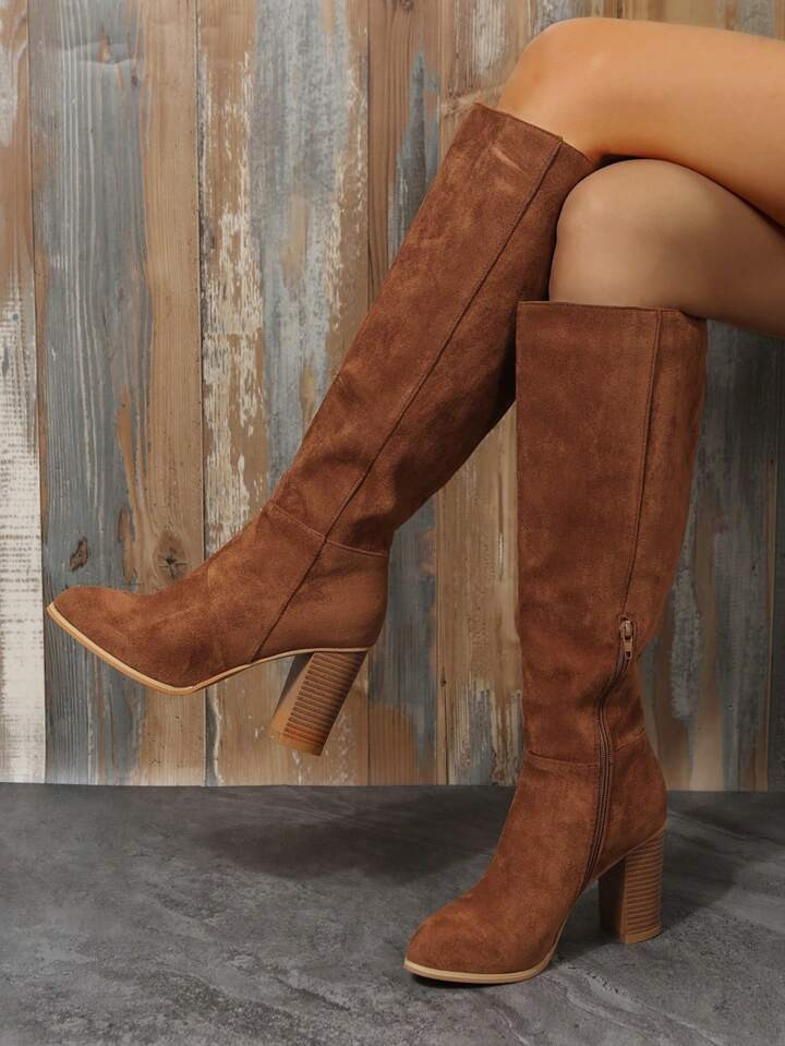 Elegant Brown Boots For Women, Side Zipper Point Toe Chunky Heeled Faux Suede Classic Boots | SHEIN