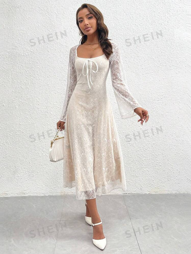 SHEIN Privé Women's Elegant Romantic Minimalist Vintage Style Lace Neck Tie Sheer Midi A-Line Dr... | SHEIN