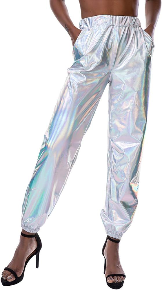 Zaxicht Women's Metallic Shinny Pants, Casual Holographic Jogger Sweatpants Punk Hip Hop Trousers... | Amazon (US)