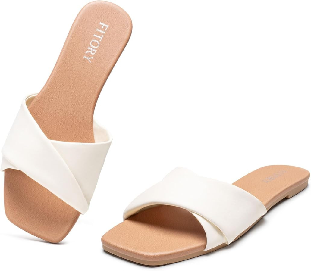 FITORY Women's Flat Sandals, Square Fashion Slides with Cross-Strap, Soft Leather Slippers for Su... | Amazon (US)