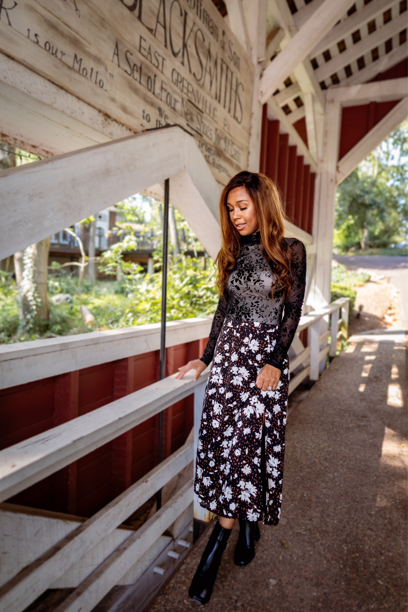 knee length dresses for ladies Ivy Brown Floral Print Midi Dress main image 1