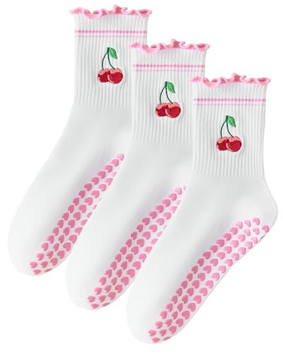 Mokde Mondge Pilates Socks with Non-Slip Grips Yoga Grippy Barre Workout Athletic Crew Anti-Slip Grip Socks for Women (US, Numeric, 5, 10, Regular, Regular, 3 Pairs pink cherry ruffle) | Amazon (US)