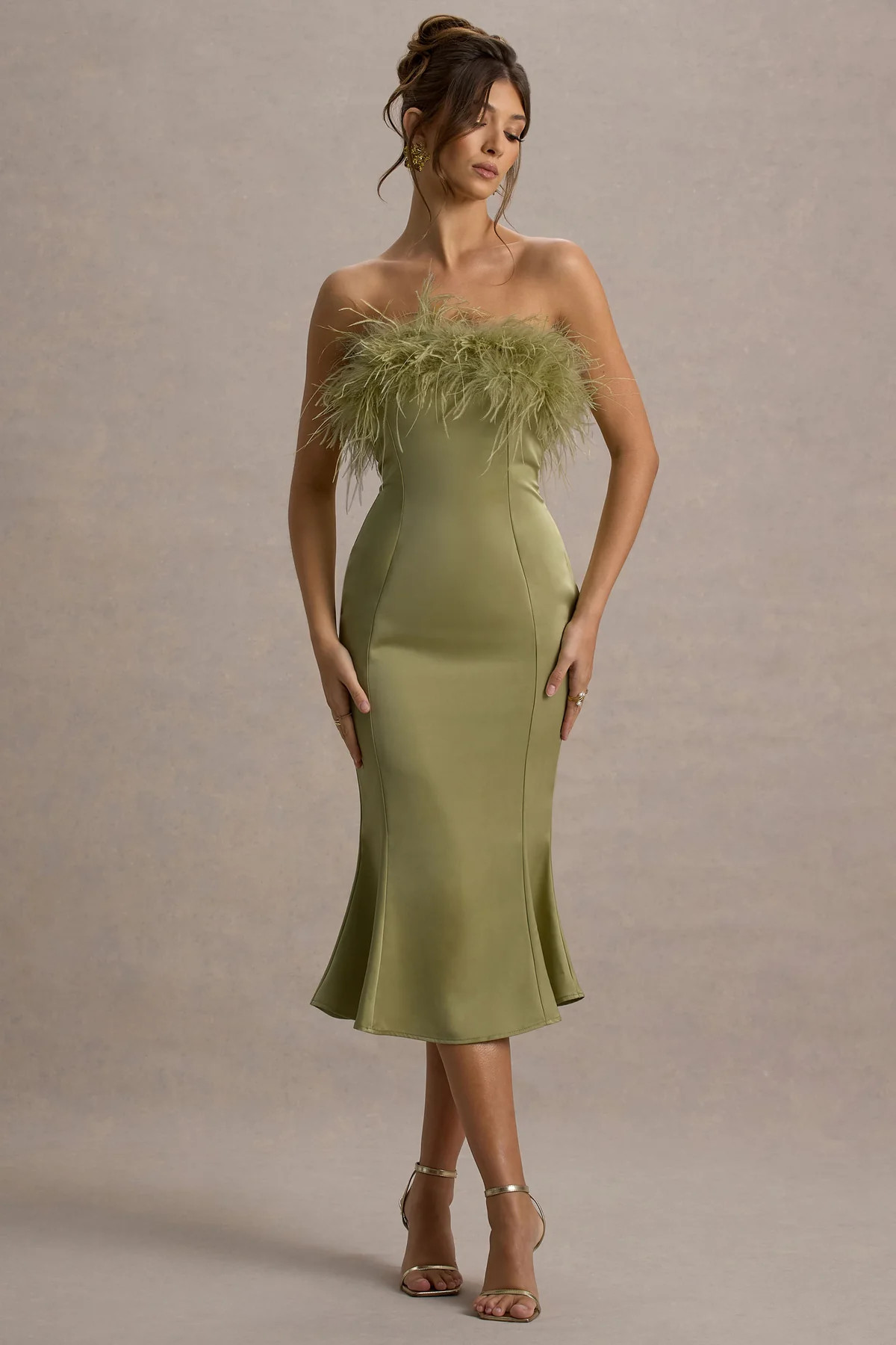 One And Only | Light Green Satin Feather Trim Bandeau Midi Dress | Club L London