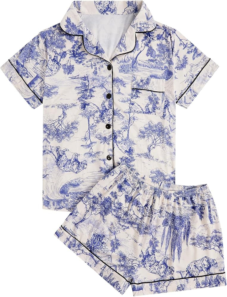 Floerns Women's Floral Pajamas Notch Collar Print Sleepwear Two Piece Pajama Set | Amazon (US)
