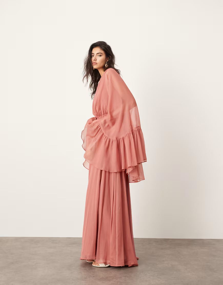ASOS EDITION chiffon extreme sleeve maxi dress with ruffle back detail in dusky pink-Multi | ASOS (Global)