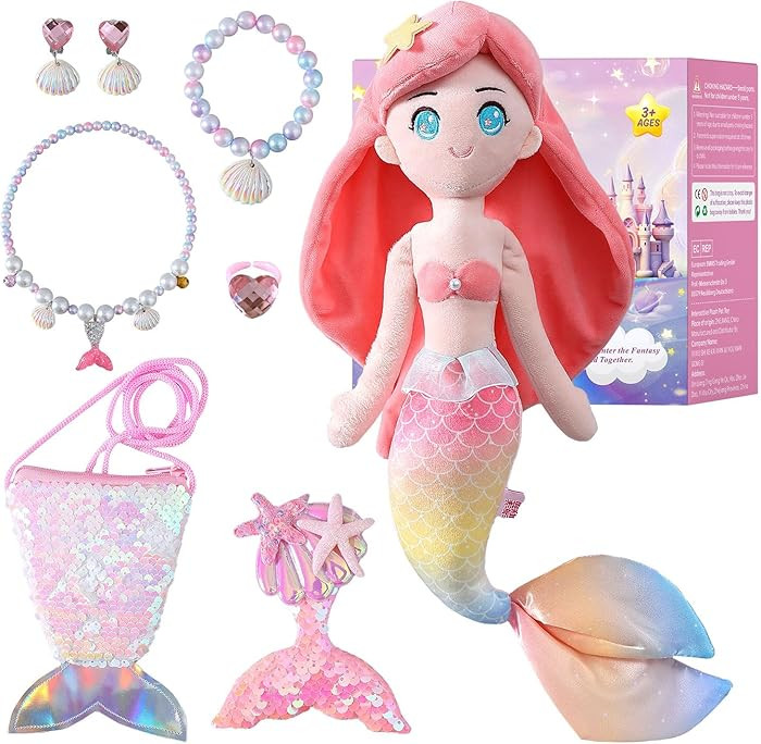 Mermaid Toy Set Plush Princess Pink Mermaid Doll with Kids Dress Up Jewelry Set Pretend Play Acce... | Amazon (US)