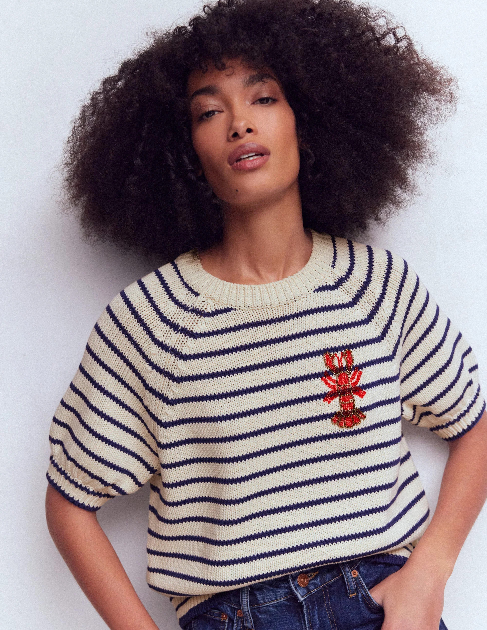 Margot Puff Sleeve T-Shirt-Ivory/ Navy Lobster | Boden (US)