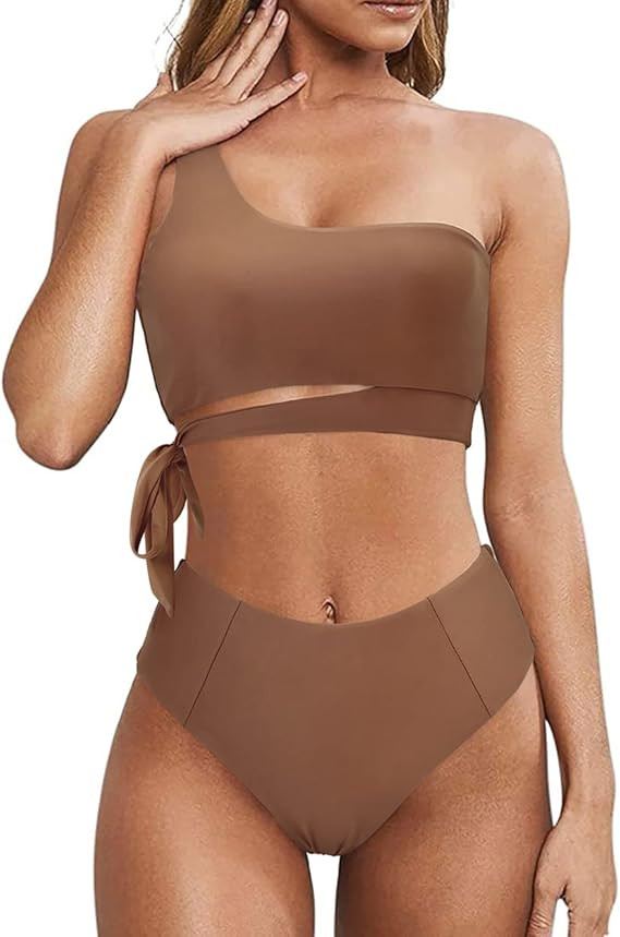 MOOSLOVER Women One Shoulder High Waisted Bikini Tie High Cut Two Piece Swimsuits | Amazon (US)