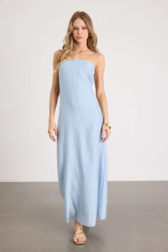 Radiant Season Light Blue Plisse Cutout Strapless Maxi Dress | Lulus