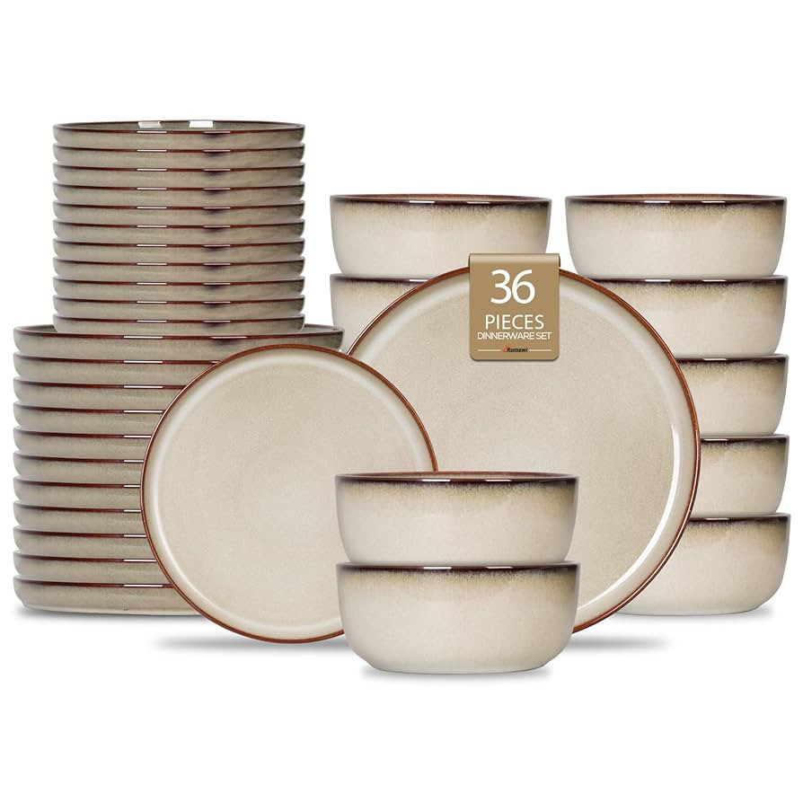 Romswi Ceramic 36Pcs Dinnerware Sets,Stoneware Plates and Bowls Set for 12, Chip & Scratch Resist... | Amazon (US)