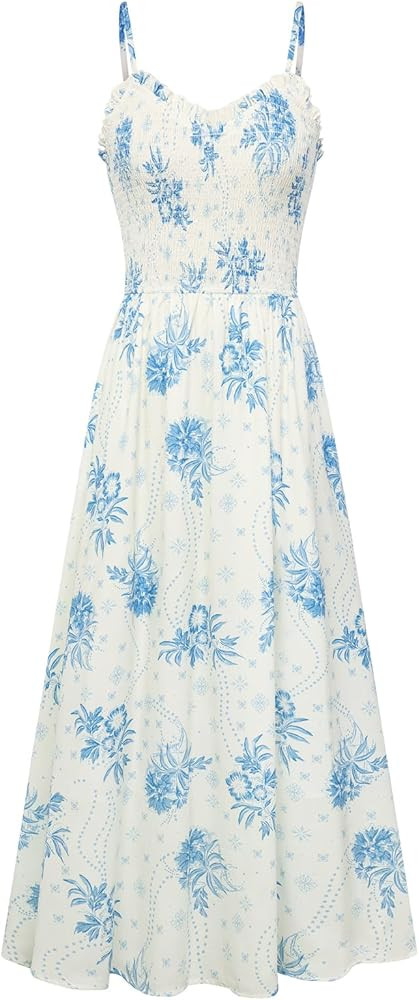 Kate Kasin Womens Summer Floral Maxi Dress, Long Beach Boho Smocked Dresses, Vacation Sundress wi... | Amazon (US)