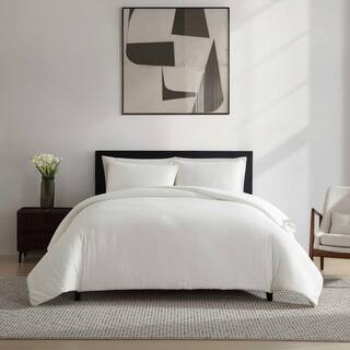 Threaded Basketweave 3-Piece White Cotton Queen Comforter Set | The Home Depot