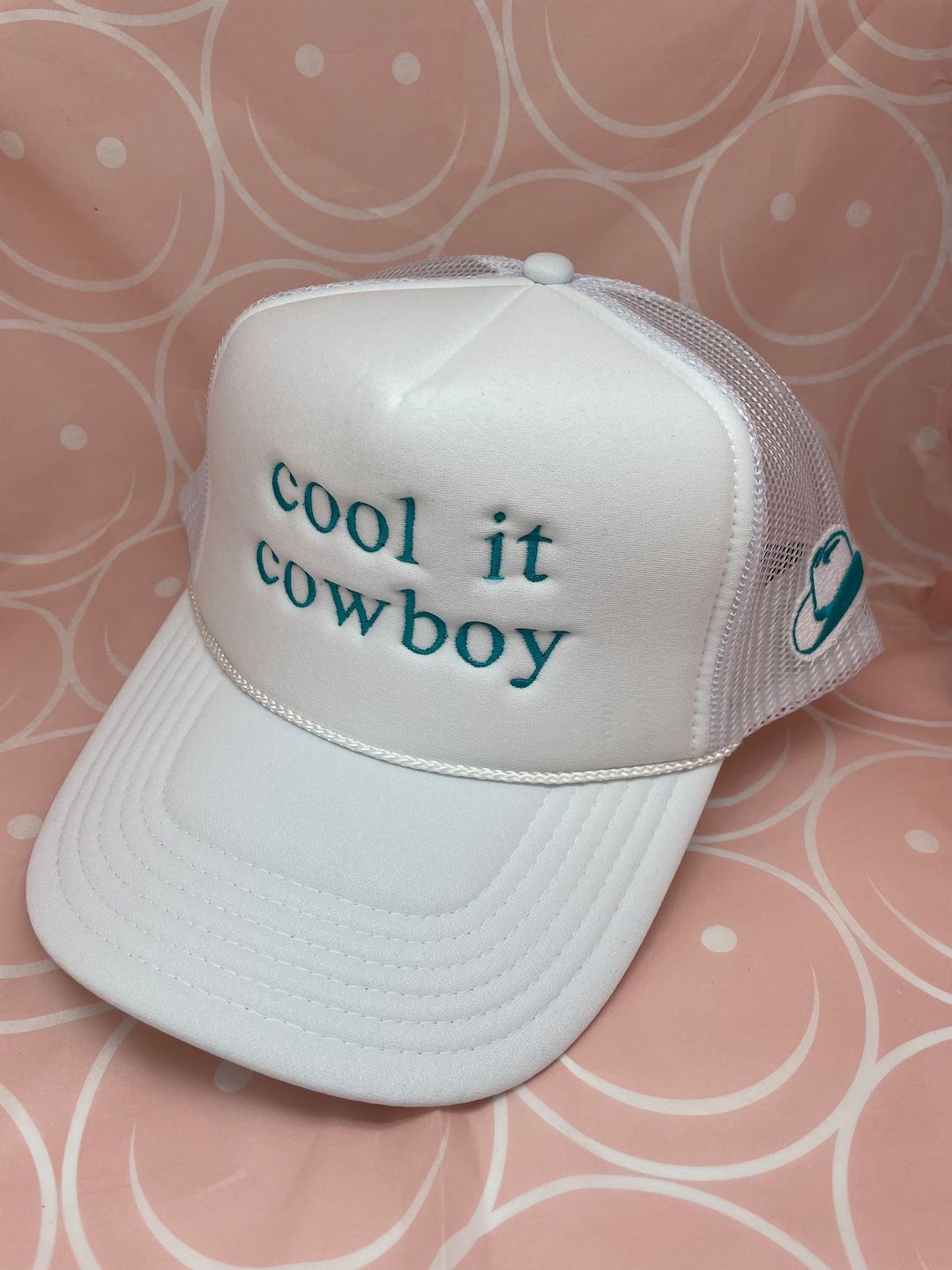 Cool It Cowboy White/ Turquoise Trucker Hat | Etsy (US)