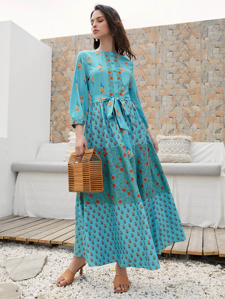 SHEIN Floral Print Keyhole Back Belted Dress | SHEIN