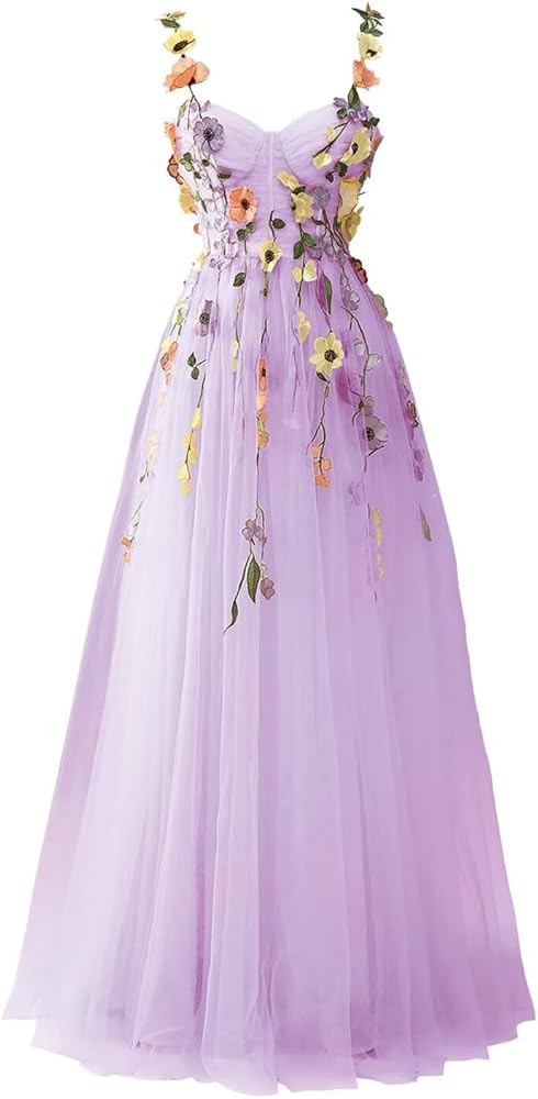 Fivsole 3D Floral Applique Prom Dresses Flower Tulle Long Wedding Formal Evening Gown | Amazon (US)