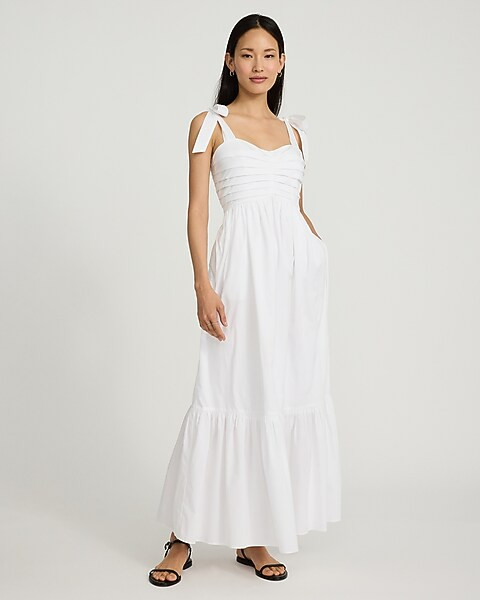 Pleated Sweetheart Tie Shoulder Tiered Maxi Dress | Express