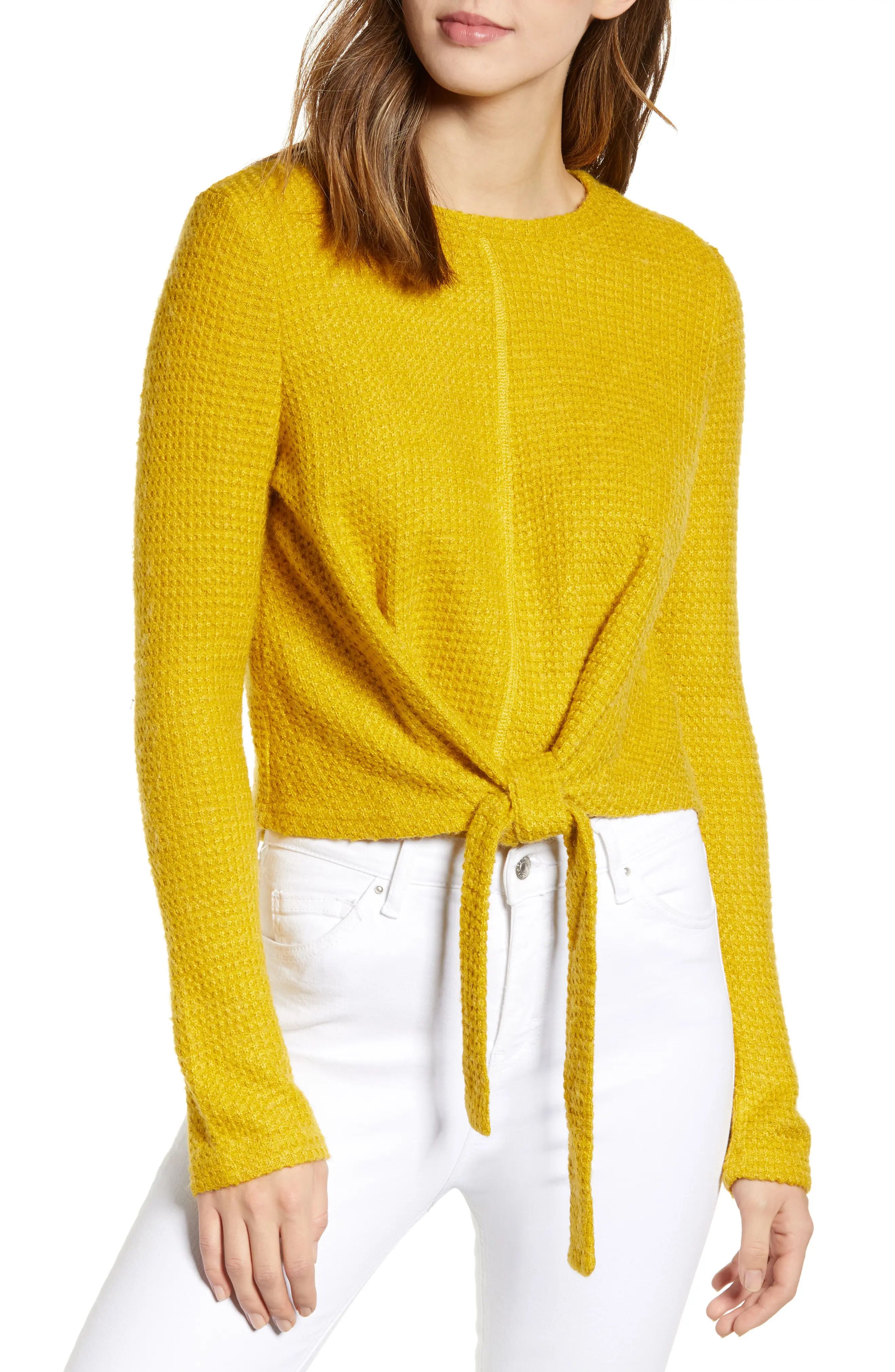 Women's J.o.a. Front Tie Sweater, Size X-Small - Yellow | Nordstrom