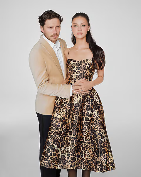 Satin Leopard Sweetheart Sleeveless Drop Waist Midi Dress | Express