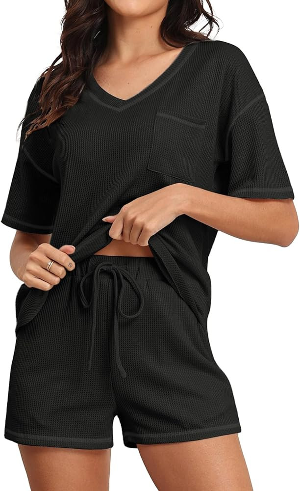 PrinStory Women's Waffle Knit Pajamas Set Short Sleeve Top and Shorts Matching Lounge Set Sweatsu... | Amazon (US)