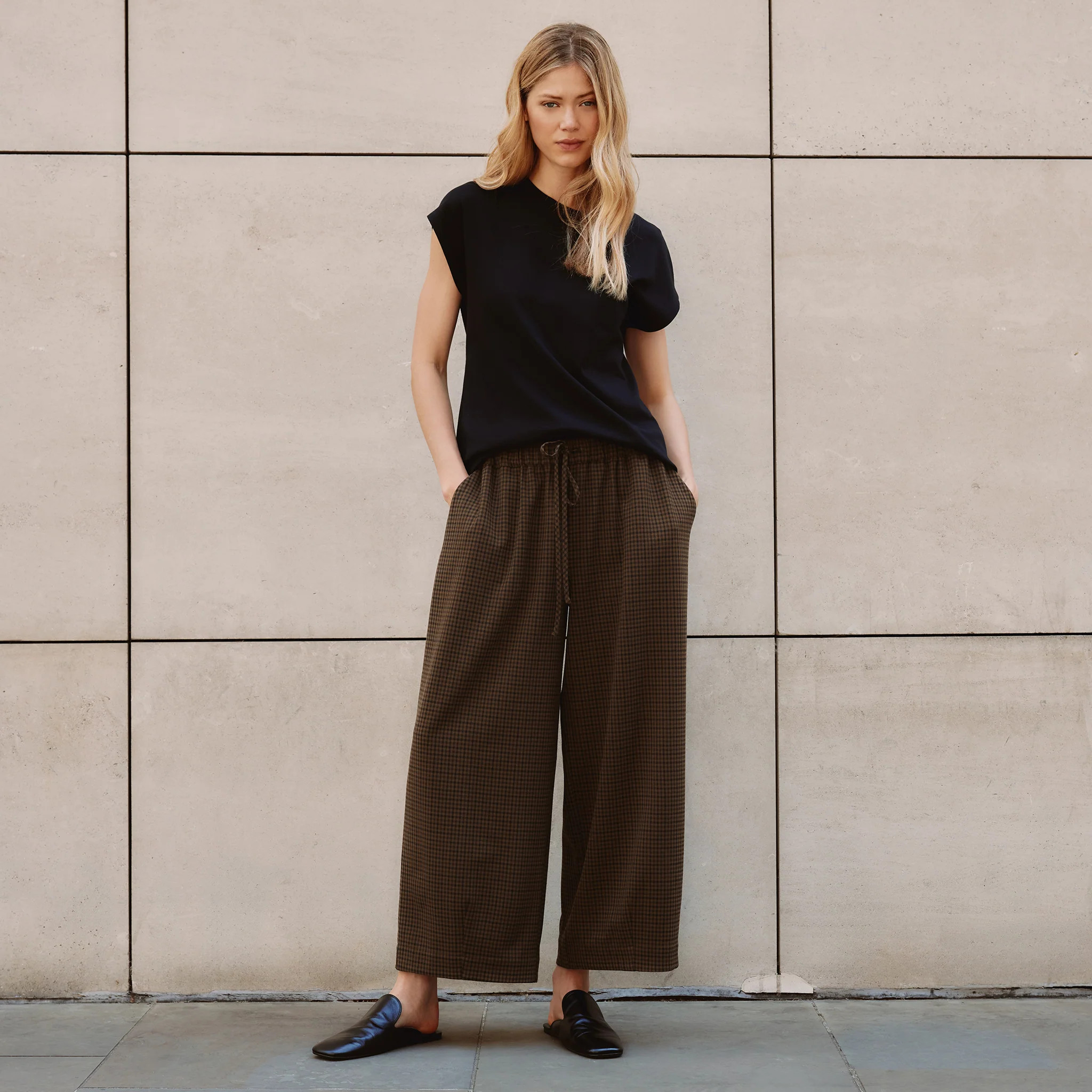 Chocolate Gingham Drawstring Barrel Trousers | Albaray