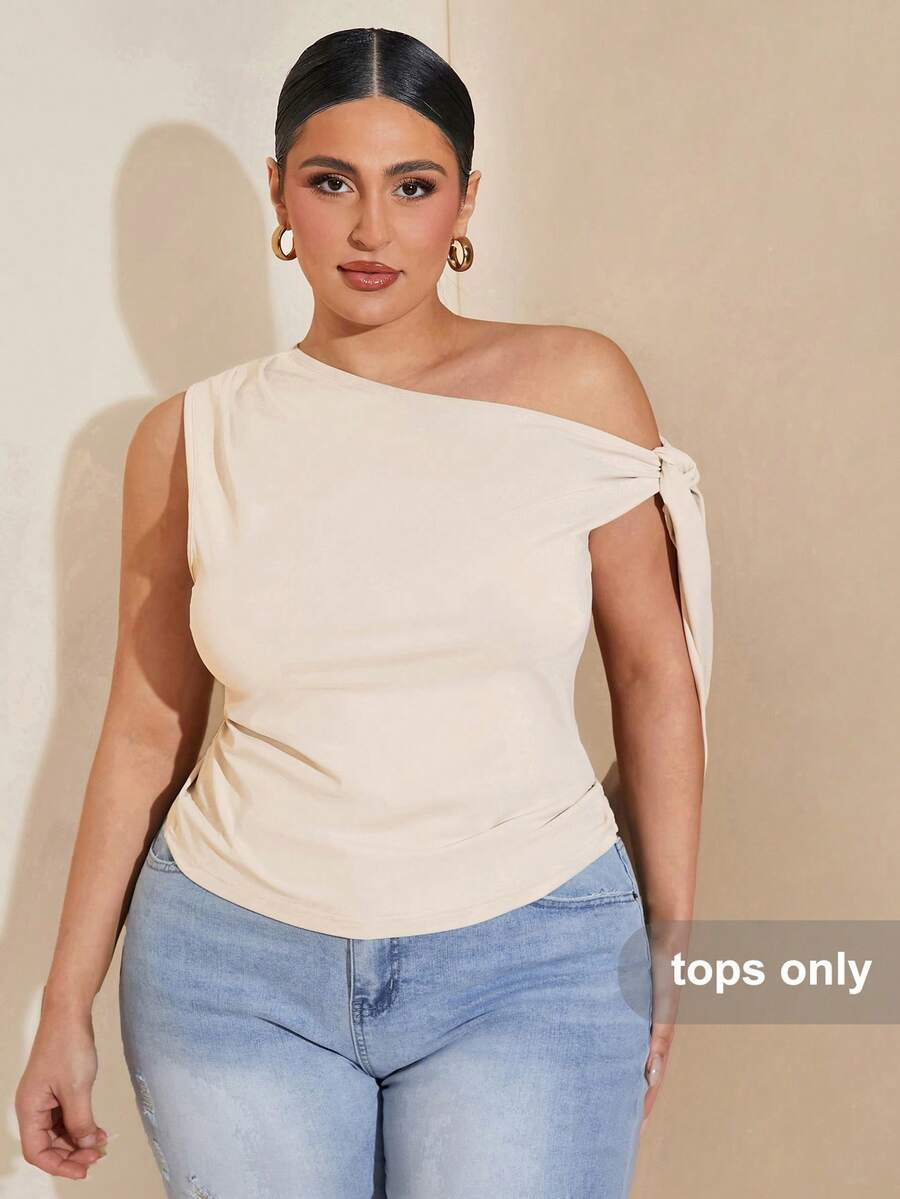 SHEIN BAE Plus Size Women Asymmetric Shoulder Blouse, Suitable For Commute, Dating, Afternoon Tea... | SHEIN