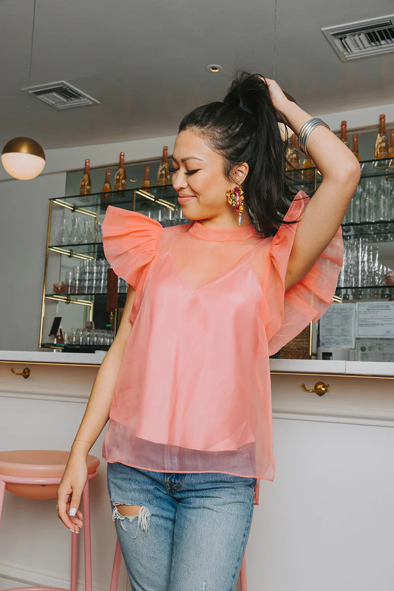 BuddyLove | Kaycee Organza Ruffle Sleeve Top | Salmon | BuddyLove