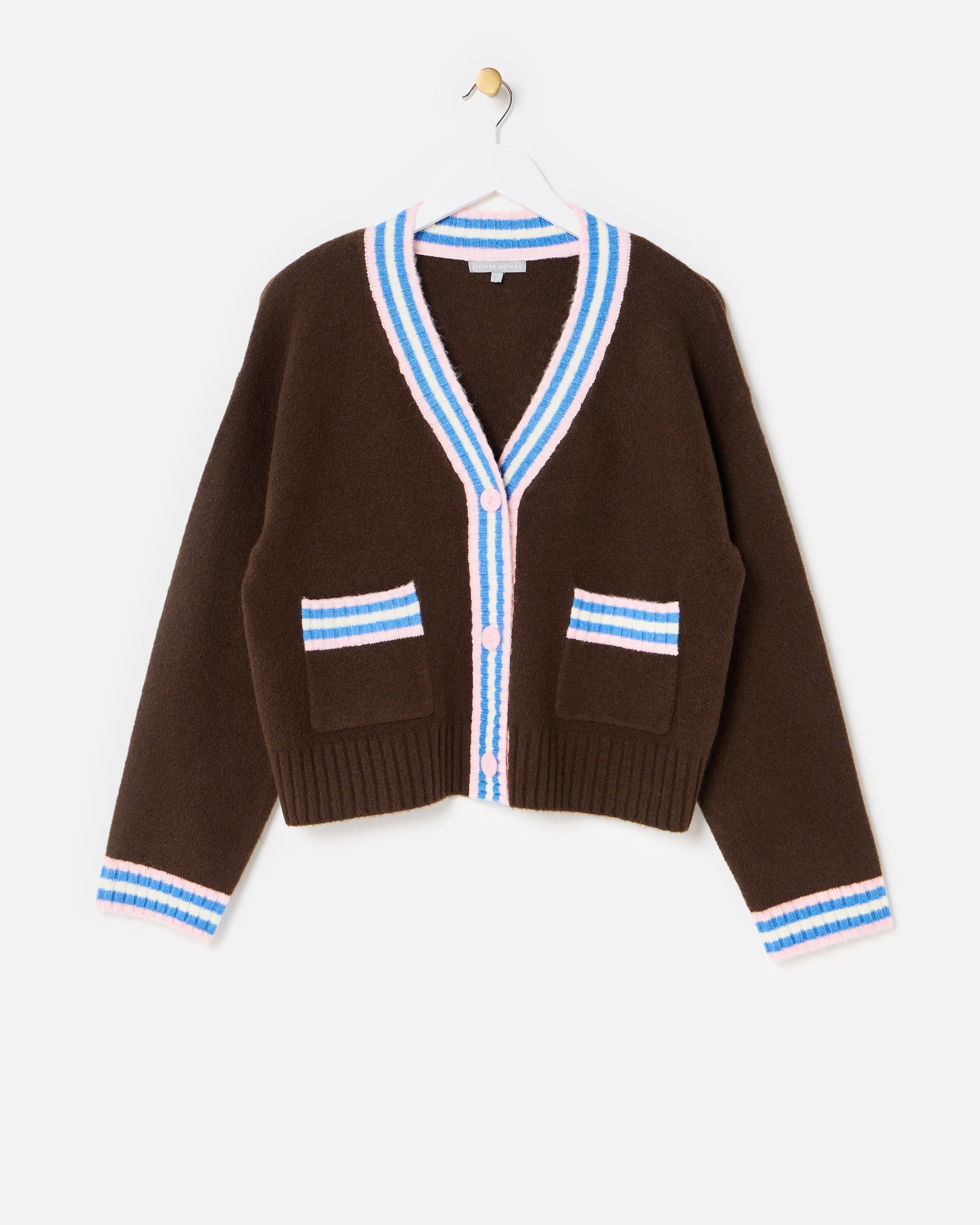 Chocolate Brown & Blue Striped V-Neck Knitted Cardigan | Oliver Bonas | Oliver Bonas (Global)