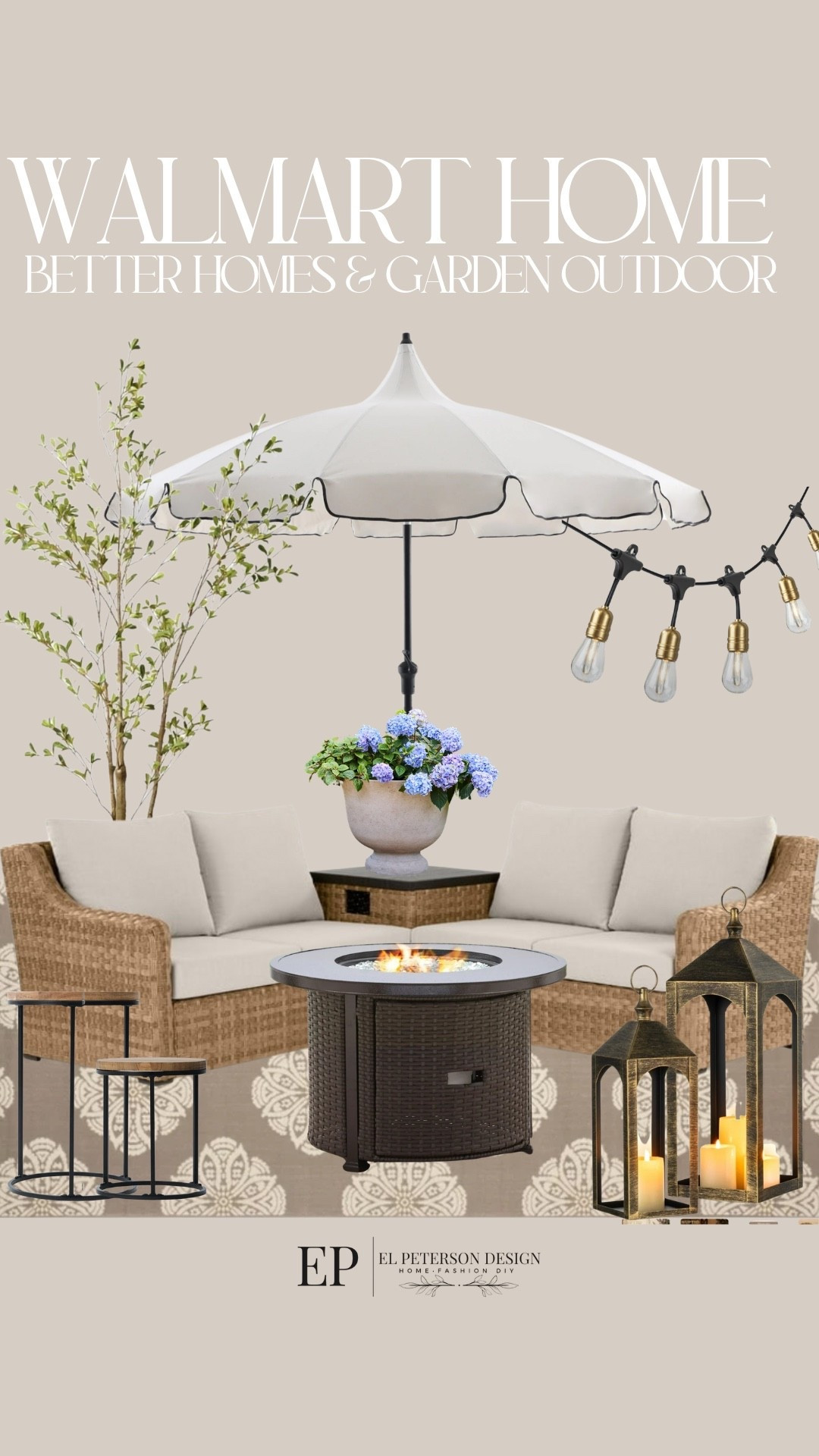 Walmart
Better Homes and Garden Outdoor 
Outdoor sectional
Outdoor umbrella 
Fire pit
Planter stands
Outdoor string light
Area rug 

#LTKHome