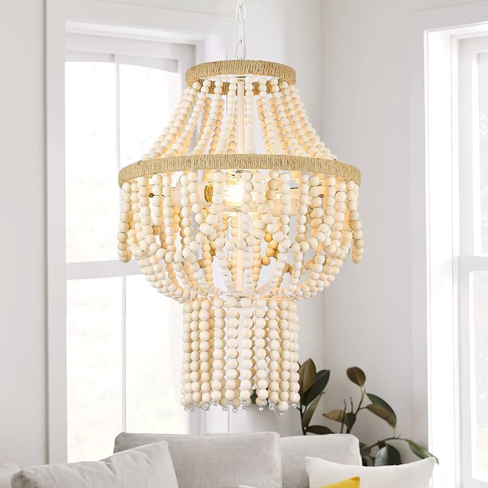 ELYONA Wood Beaded Chandelier, Boho Farmhouse Pendant Light Feature, Natural Birch Wood, 16" Rust... | Amazon (US)