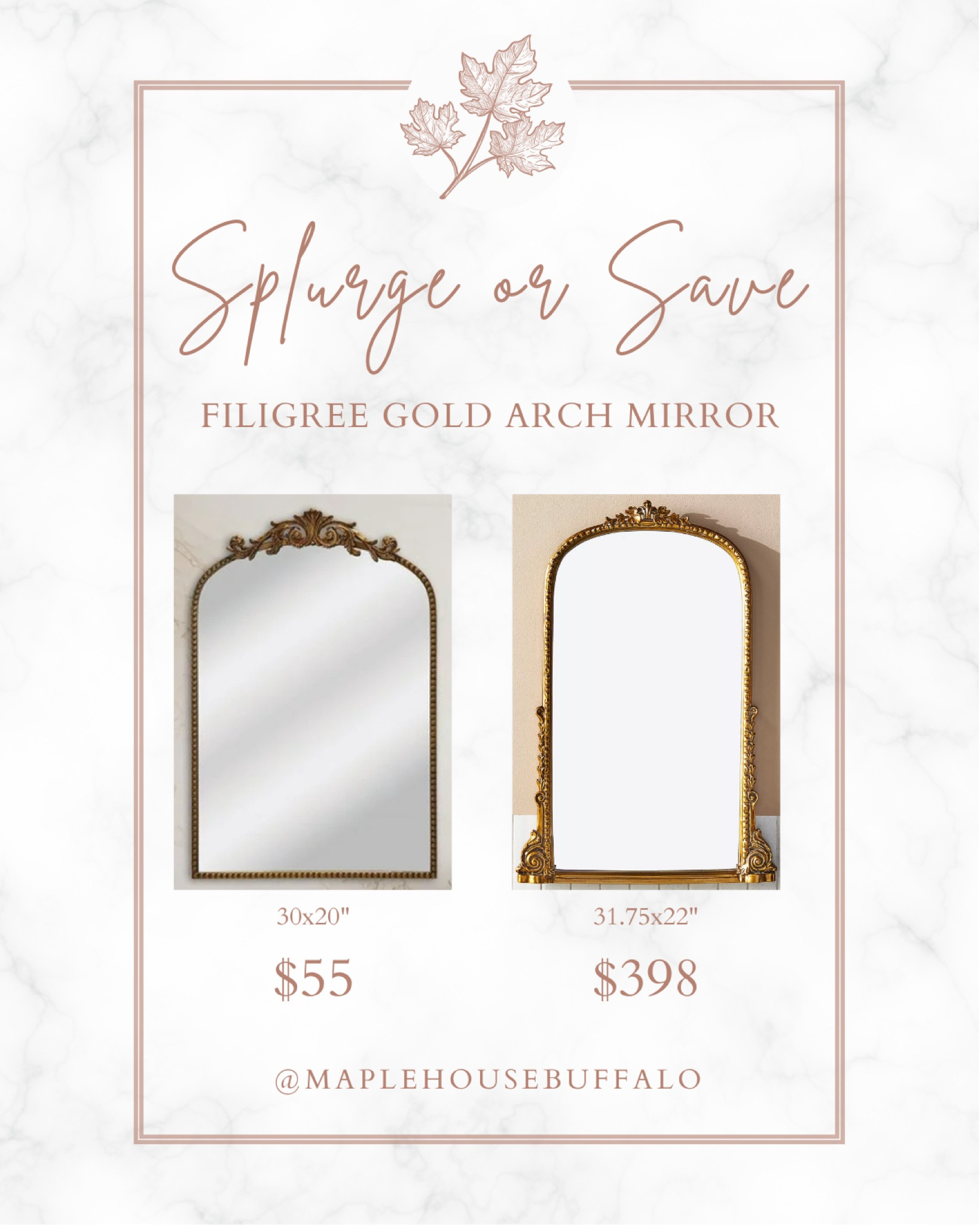 I’m bringing Save vs. Splurge back! Walmart or Anthropologie - you can’t go wrong with one of these stunning gold filigree mirrors! 

#LTKSaleAlert #LTKHome #LTKGiftGuide