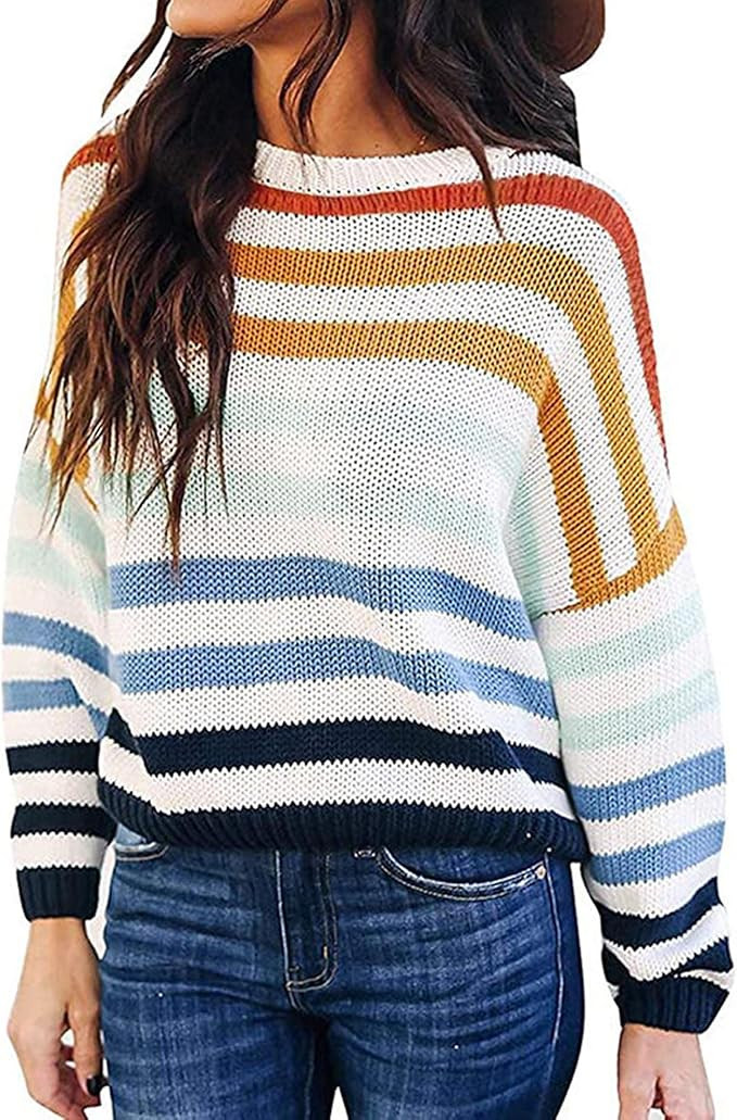 Women's O Neck Long Sleeve Striped Knitwear Lightweight Winter Knitted Rainbow Pullover Sweater Z... | Amazon (US)