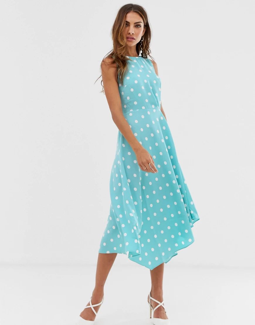 Warehouse midi dress with tie back in polka dot-Blue | ASOS (Global)