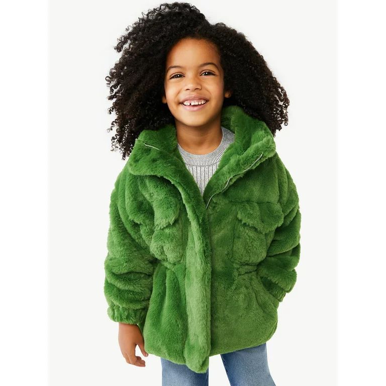 Scoop Girls Faux Fur Jacket with Cinched Waist, Sizes 4-12 | Walmart (US)
