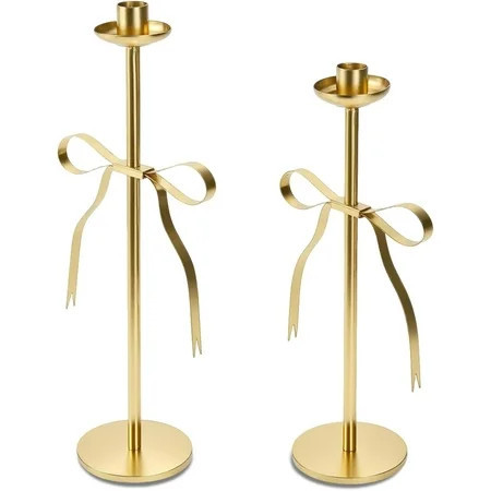 Metal - Gold Candle Holders Set of 2 Metal Taper Candle Stands with Bow Design, Modern Decorative Candlesticks for Dining Table, Wedding, Fireplace, Holiday & Christmas Decor | Walmart (US)